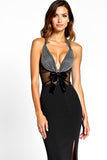 Vestido sirena halter de corbata negra con abertura