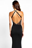Vestido sirena halter de corbata negra con abertura