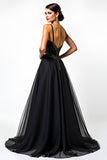 Vestido de corbata negra fruncido de lentejuelas con tirantes finos de una línea