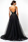 Vestido de corbata negra fruncido de lentejuelas con tirantes finos de una línea