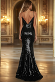 Vestido de fiesta de lentejuelas con escote en V profundo de sirena negra