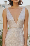 Champagne Metalizado Vestido formal con escote en V profundo hasta el tobillo