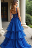 A Line Royal Blue Spaghetti Straps Lace Vestido de Fiesta Largo