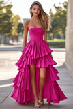 Vestido de fiesta fucsia con volantes fruncidos sin tirantes sin tirantes alto y bajo