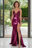 Vestido de fiesta largo fruncido con tirantes de espagueti de sirena morado oscuro metálico con abertura