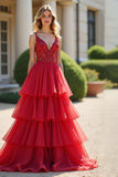 Vestido de baile rojo brillante con volantes en V profundo Vestido de fiesta largo de tul con cuentas