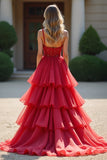 Vestido de baile rojo brillante con volantes en V profundo Vestido de fiesta largo de tul con cuentas