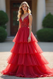 Vestido de baile rojo brillante con volantes en V profundo Vestido de fiesta largo de tul con cuentas