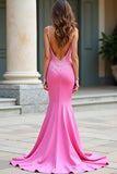 Vestido de fiesta largo de satén con tirantes de espagueti con vaina rosa y apliques