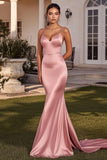 Vestido de fiesta largo de satén con tirantes de espagueti de sirena rosa