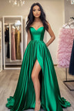 Vestido de fiesta largo de satén verde Novia de línea A con abertura