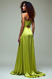 Verde limón Una línea sin tirantes Vestido formal largo hueco con abertura