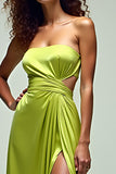 Verde limón Una línea sin tirantes Vestido formal largo hueco con abertura