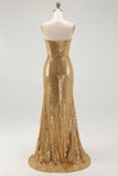 Lentejuelas doradas brillantes Vestido formal de sirena sin tirantes con abertura