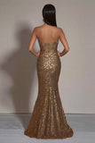 Lentejuelas doradas brillantes Vestido formal de sirena sin tirantes con abertura