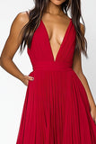 Rojo Profundo Escote En V Con Volantes Fruncidos Una Línea Vestido Formal