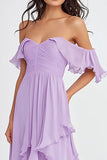 Vestido formal plisado lila plisado con volantes fuera del hombro A Line