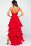 Vestido formal de tirantes de espagueti de gasa roja con volantes
