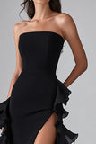 Elegante vestido formal largo negro con volantes y abertura