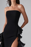Elegante vestido formal largo negro con volantes y abertura