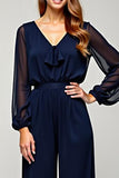 Vestido formal de gasa de manga larga con escote en V azul marino