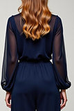 Vestido formal de gasa de manga larga con escote en V azul marino