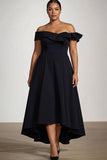 Vestido formal negro de satén de talla grande Línea A