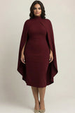 Vestido formal midi burdeos, talla grande y cuello alto con capa