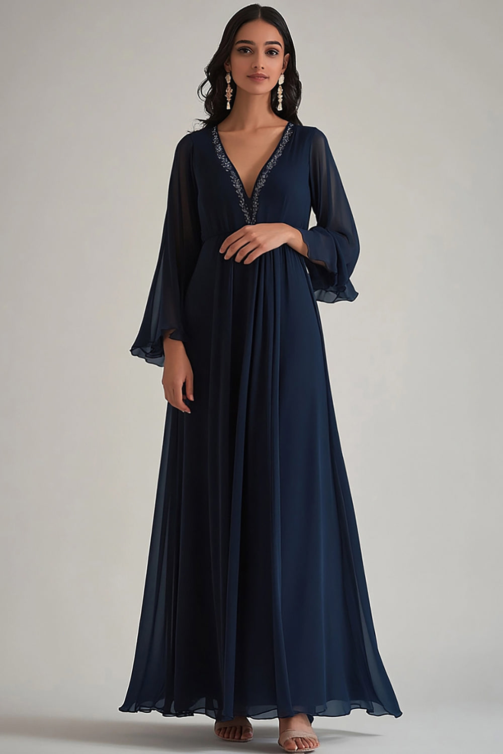 Zapaka Vestido Formal Azul Marino para Mujer con Mangas Largas A