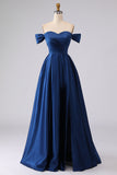 Vestido formal largo de satén azul marino con abertura