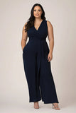 Monos largos azul marino con cuello en V para mujer de talla grande