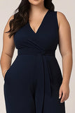 Monos largos azul marino con cuello en V para mujer de talla grande