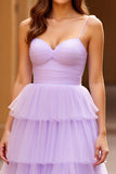 Vestido de fiesta largo de tul con abertura con tirantes finos lilas