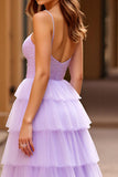 Vestido de fiesta largo de tul con abertura con tirantes finos lilas