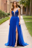 Vestido de fiesta largo con abertura y lentejuelas con tirantes de espagueti azul real brillante