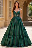 Tirantes de espagueti verde oscuro Vestido de fiesta de satén