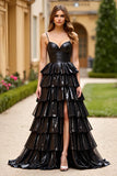 Vestido de fiesta largo con purpurina y tirantes finos negros con abertura