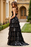 Vestido de fiesta largo con purpurina y tirantes finos negros con abertura