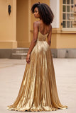 Vestido de fiesta largo con purpurina y tirantes finos dorados con abertura