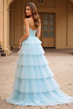 Vestido de fiesta largo de tul con tirantes de espagueti azul cielo