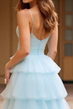 Vestido de fiesta largo de tul con tirantes de espagueti azul cielo