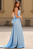 Vestido de fiesta largo de lentejuelas con tirantes de espagueti azul cielo brillante con moño