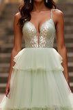 Vestido de fiesta largo con lentejuelas y tirantes de espagueti verde claro brillante con lentejuelas