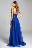 Vestido de fiesta largo de gasa con lentejuelas y tirantes de espagueti azul real brillante con lentejuelas