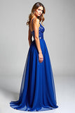 Vestido de fiesta largo de gasa con lentejuelas y tirantes de espagueti azul real brillante con lentejuelas