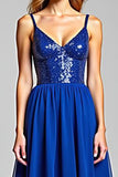 Vestido de fiesta largo de gasa con lentejuelas y tirantes de espagueti azul real brillante con lentejuelas