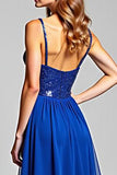 Vestido de fiesta largo de gasa con lentejuelas y tirantes de espagueti azul real brillante con lentejuelas
