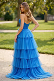 Vestido de fiesta plisado plisado sin tirantes azul de tul escalonado con abertura