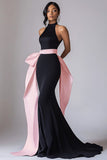 Vestido halter sirena de satén mate de corbata negra
