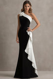 Vestido largo de corbata negra con volantes de sirena de un solo hombro